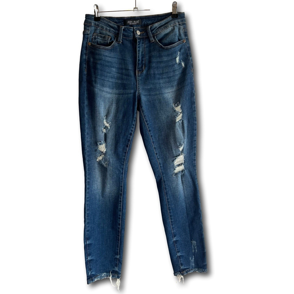 Judy Blue Skinny Fit Jeans Blue Medium Wash Distressed Fringe Hem Size 7/28